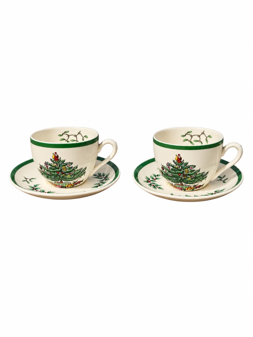 Vintage 1986 Spode Christmas Tree S3324 K Teacups Saucers Set 2 England Coffee
